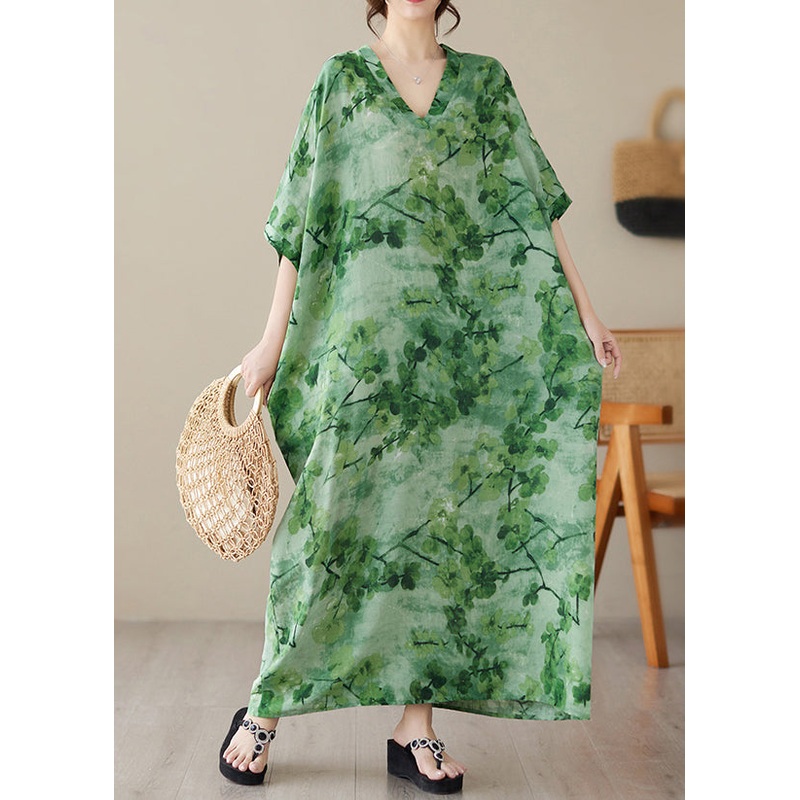 Vintage Green V Neck Print Maxi Beach Dress Short Sleeve