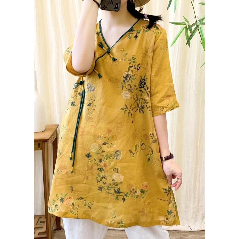 Vintage Yellow V Neck Print Chinese Button Linen Mid Dress Summer