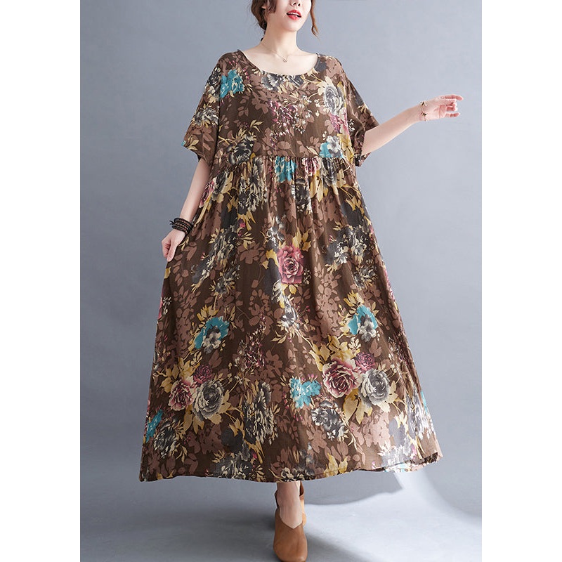 Women Coffee O-Neck Print Maxi Dress Short Sleeve
