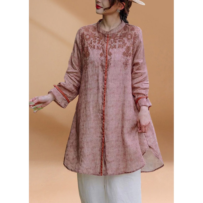 Women Orange Embroidered Cotton Shirts Top Long Sleeve
