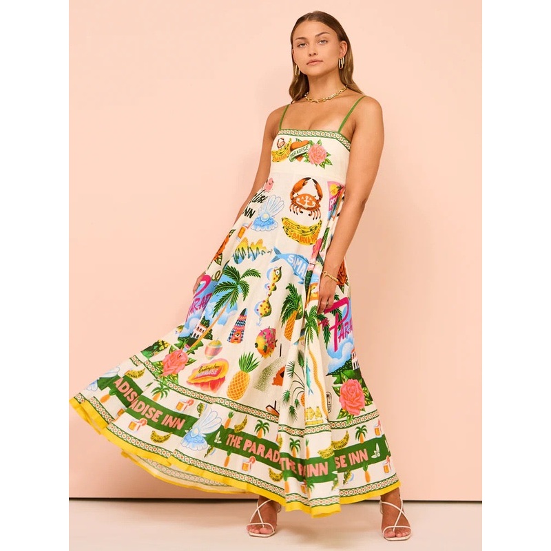 Women Suspender Graffiti Cotton and Linen Print Maxi Dress