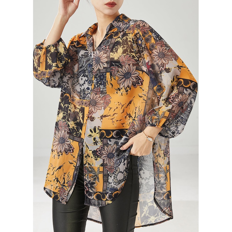 Yellow Print Chiffon Shirt Tops Oversized Draping Spring