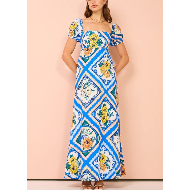 Art Blue Square Collar Print Linen Long Dresses Summer