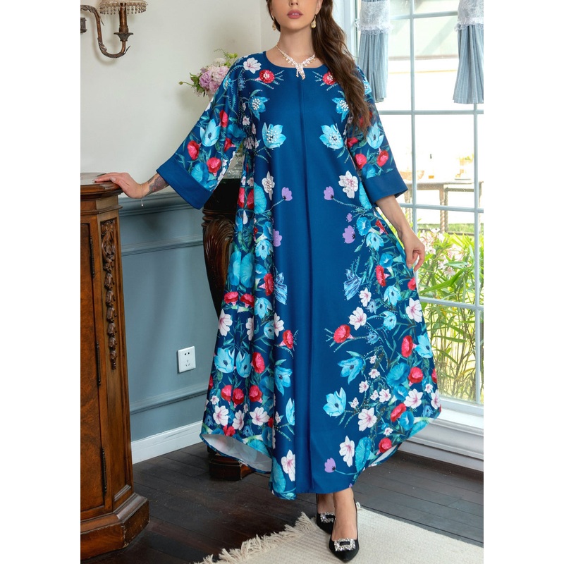 Blue Print Nail Bead Cotton Maxi Dresses O Neck Bracelet Sleeve