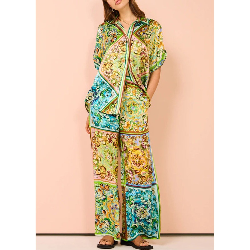 Bohemian Green Button Print Pockets Cotton Two Pieces Set Summer