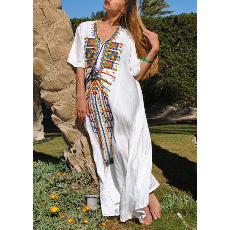 Bohemian White Embroidered Lace Up Cotton Dresses Summer