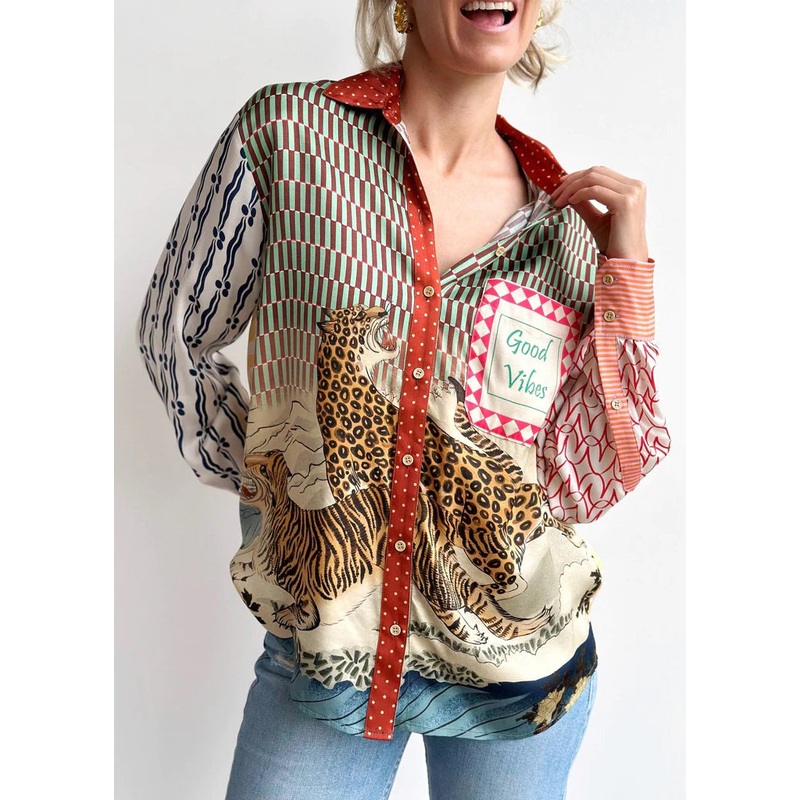Chic Animal Print Asymmetrical Button Cotton Shirts Long Sleeve