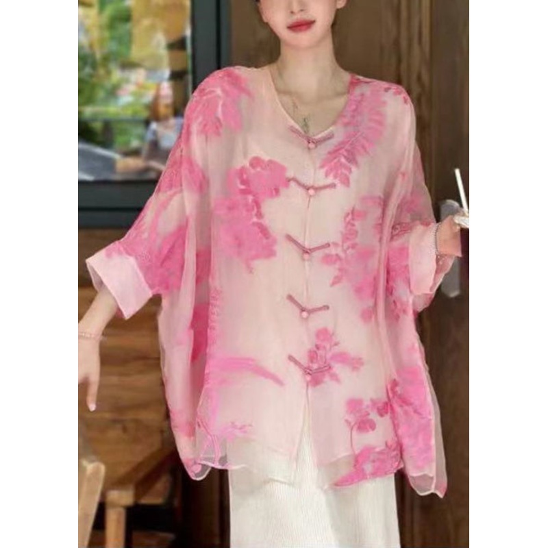 Elegant Pink Button Print Silk Cotton Blouse Batwing Sleeve