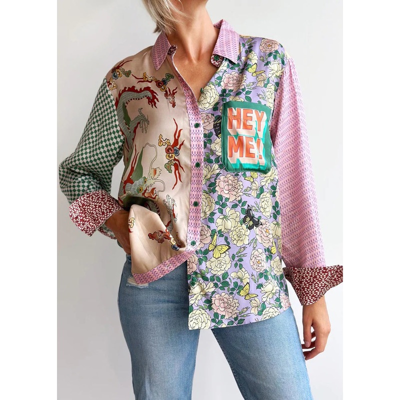 Unique Purple Peter Pan Collar Button Print Cotton Shirts