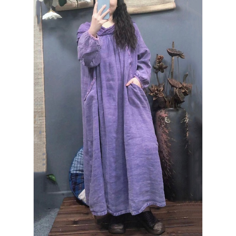 Vintage Purple Hooded Pockets Solid Linen Long Dress Spring