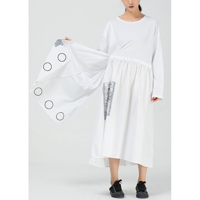 White Pockets Patchwork Cotton Long Dress O Neck Spring
