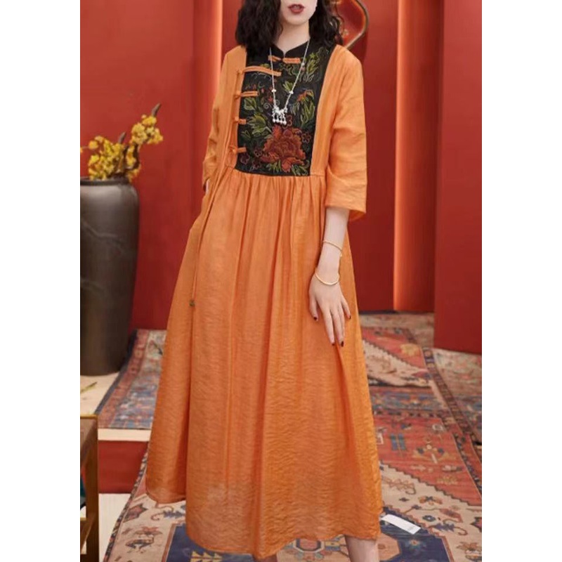 Women Orange Embroidered Button Cotton Dresses Half Sleeve