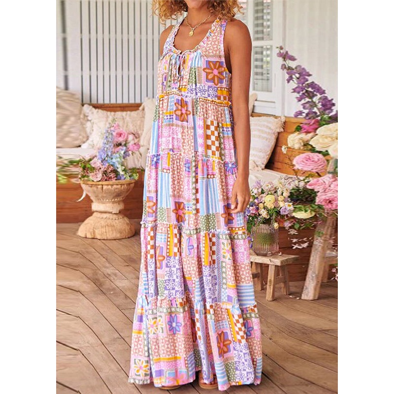 Women Pink Ruffled Print Cotton Long Dresses Sleeveless