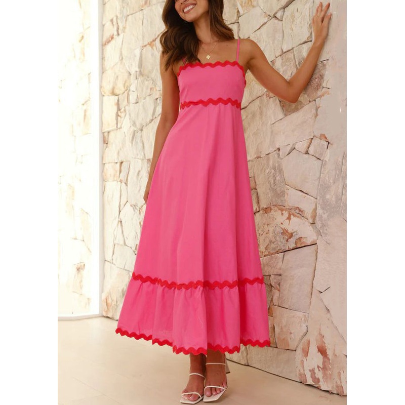 Women Rose Solid Zippered Cotton Spaghetti Strap Dress Sleeveless