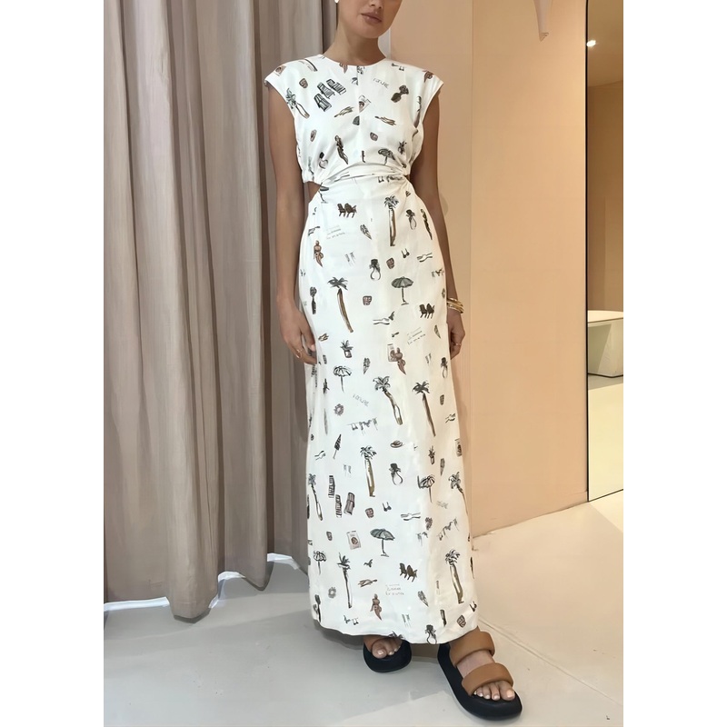 Women White O-Neck Print Elastic Waist Linen Dress Sleeveless