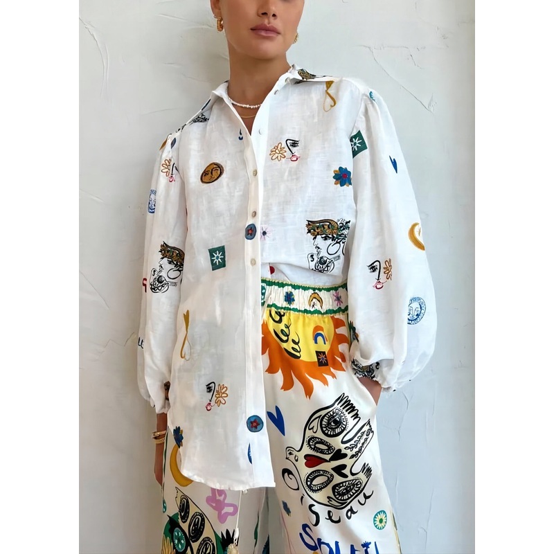 Women White Peter Pan Collar Button Print Cotton Blouses Long Sleeve