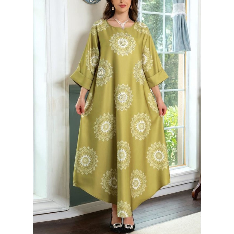 Yellow Print Cotton Long Dresses O Neck Half Sleeve