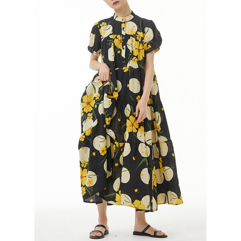 Yellow Print Loose Cotton Dress Stand Collar Summer
