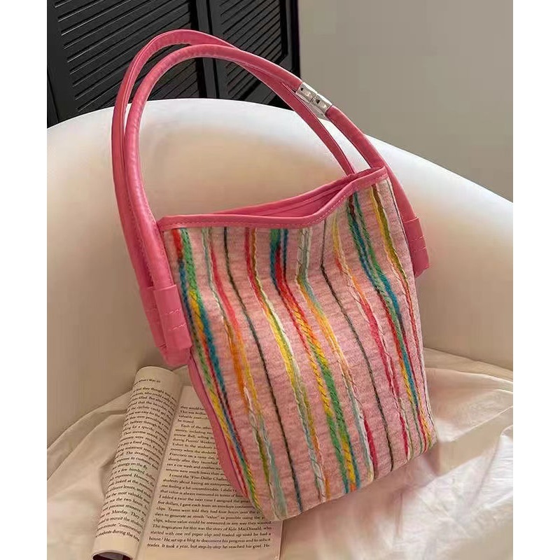 2024 New Minimalist Pink Striped Weaving Satchel Bag Handbag