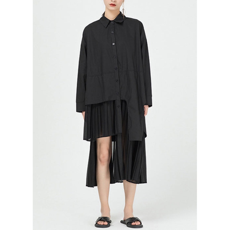 Black Button Cotton Blouses Dress Peter Pan Collar Long Sleeve