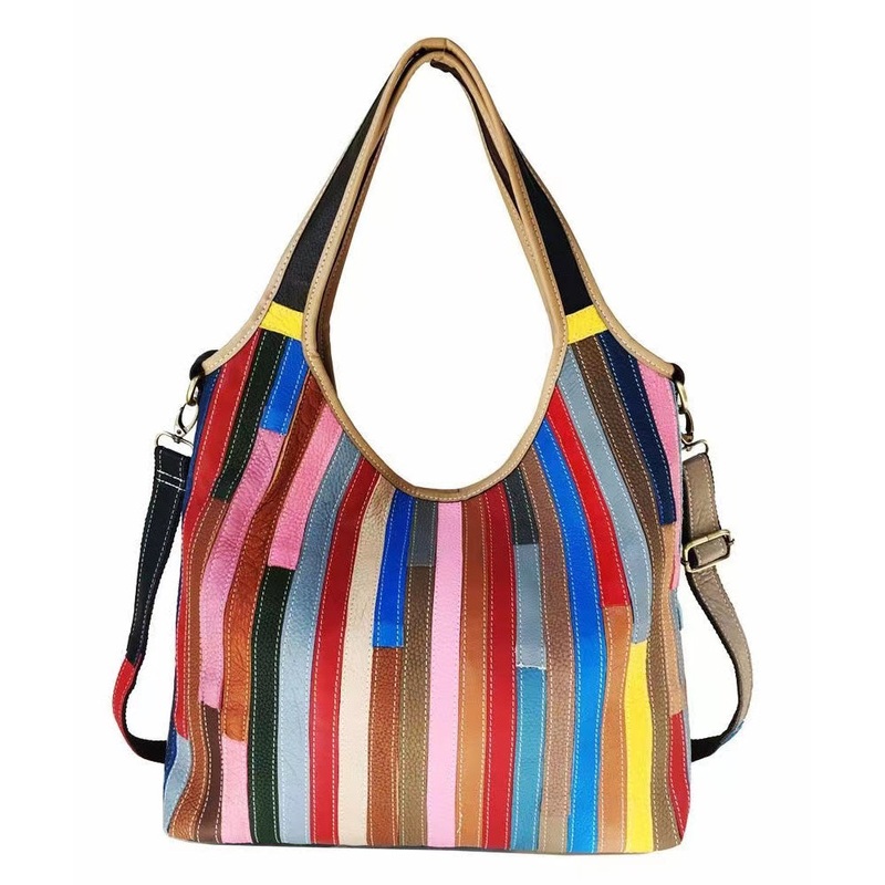 Boutique Striped Colorblock Calf Leather Satchel Bag Handbag