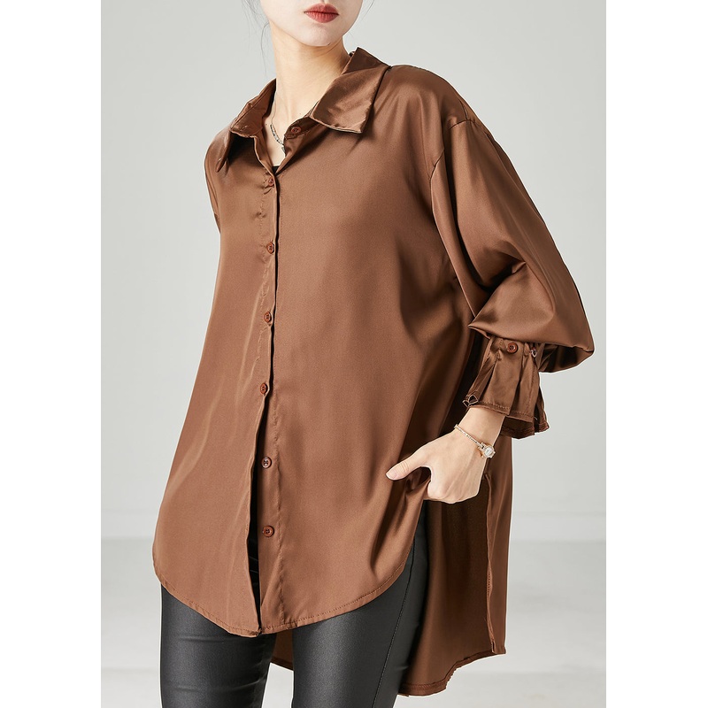Brown Oversized Chiffon Blouse Low High Design Spring