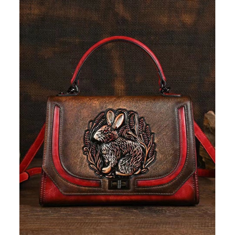 Ethnic Style Red Handmade Rabbit Embossed Handbag