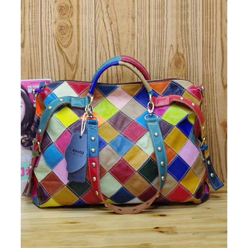 European And American Fashion Contrasting Plaid Patchwork Rivet Handbag