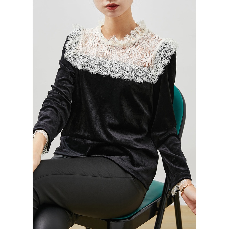 Fitted Black Lace Patchwork Silm Fit Velour Blouses Spring