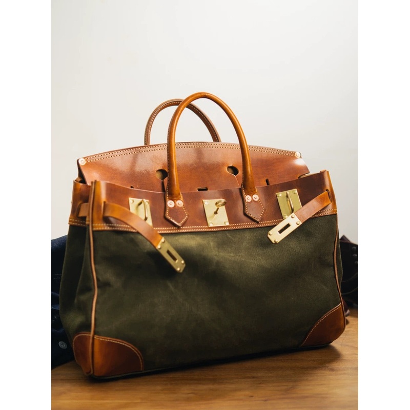 Italian Army Green Calf Leather Patchwork Tote Handbag
