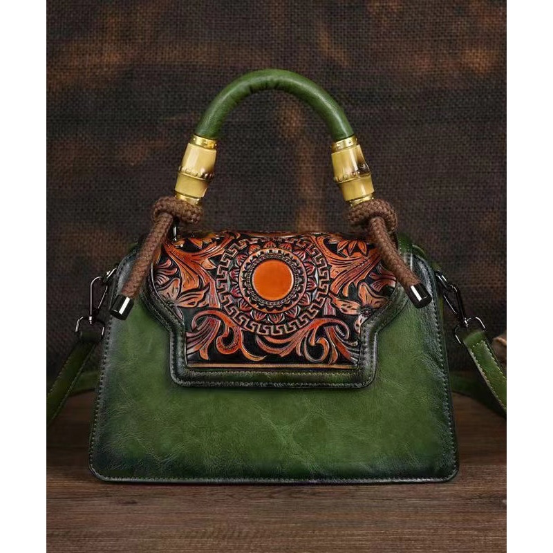 New Green Hand Carved Retro Chinese Style Tote Handbag