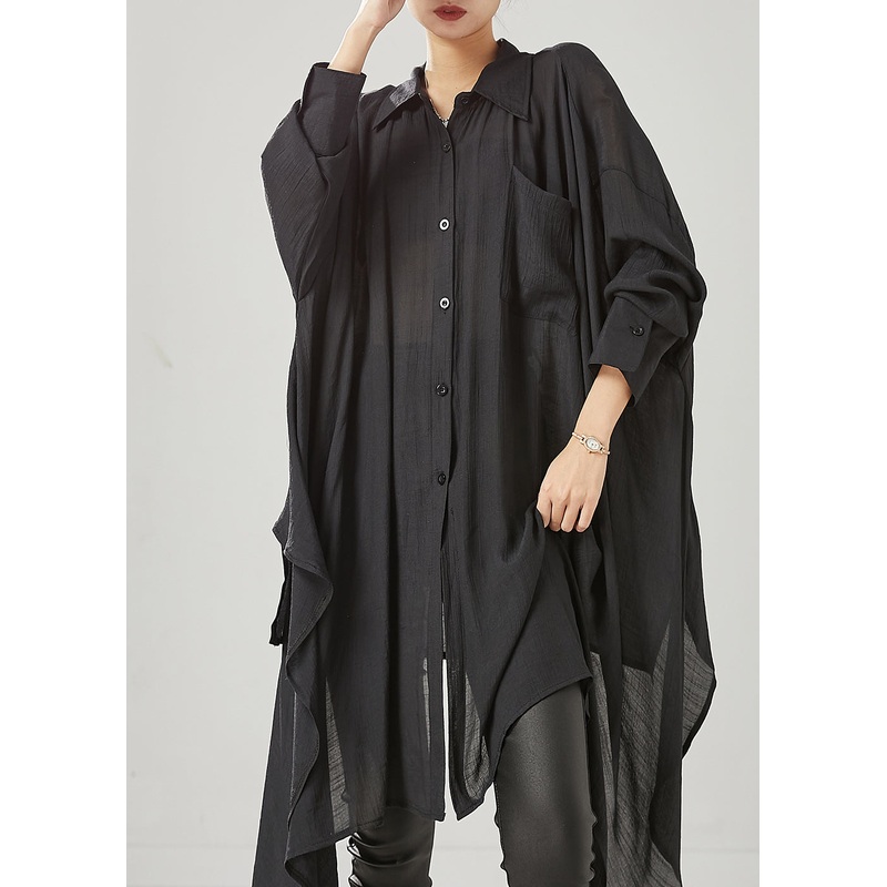 Organic Black Asymmetrical Cotton Loose Blouses Spring