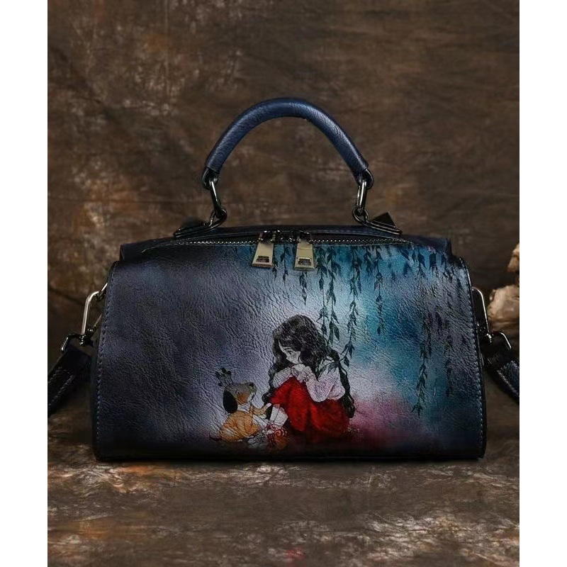 Retro Blue Black Hand Painted Versatile Handbag