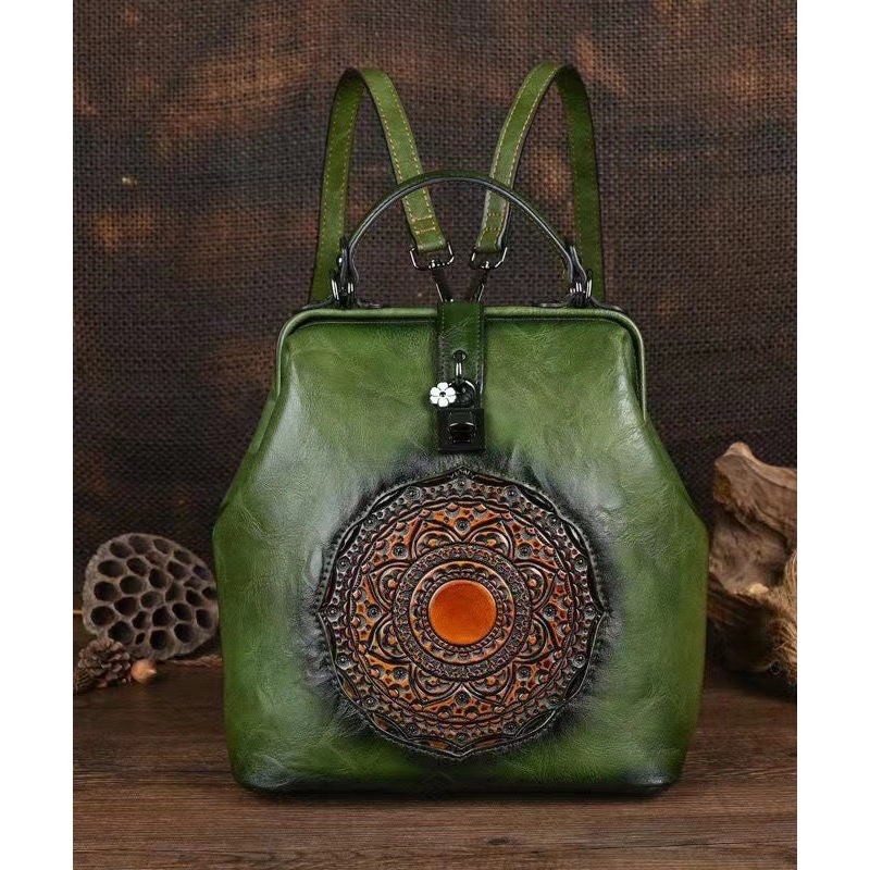 Retro Green Three Dimensional Carved Totem Handmade Backpack