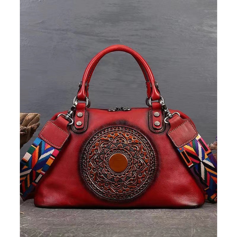 Retro Red Cowhide Women Large Capacity Handbag