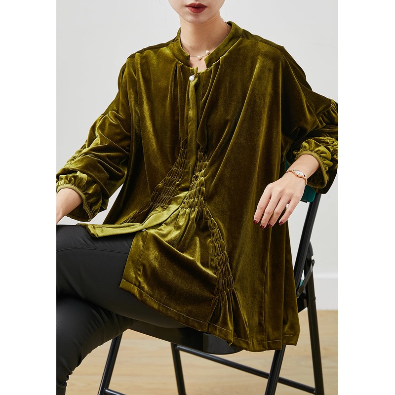 Stylish Green Oversized Wrinkled Silk Velour Shirt Spring