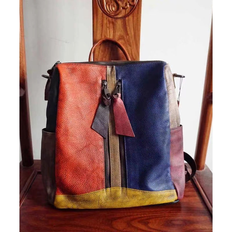 Vintage Colorblock Patchwork Calf Leather Backpack
