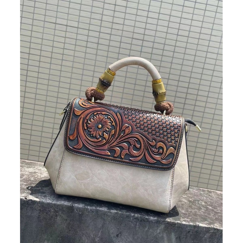 Vintage Cowhide Handmade Embossing Tote Handbag
