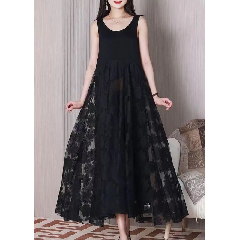 Women Black O Neck Patchwork Cotton Dresses Sleeveless