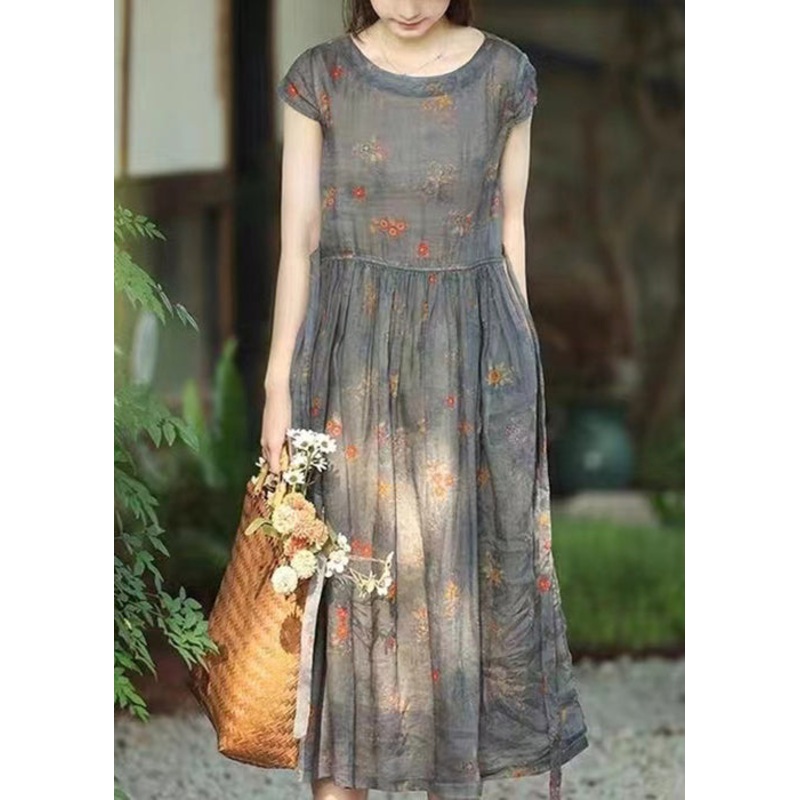 Women Grey Print Lace Up Pockets Linen Dresses Summer