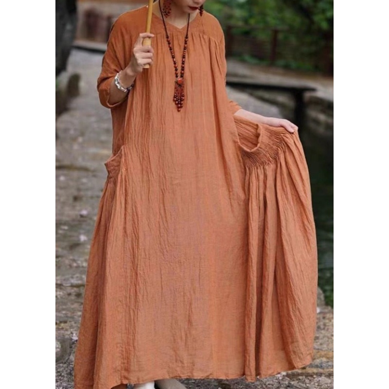 Women Orange V Neck Pockets Linen Long Dresses Bracelet Sleeve