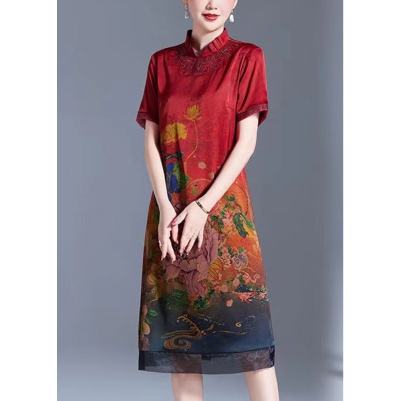 Women Red Stand Collar Print Silk Dress Short Sleeve