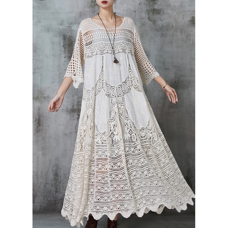 Apricot Hollow Out Cotton Long Dress Oversized Summer