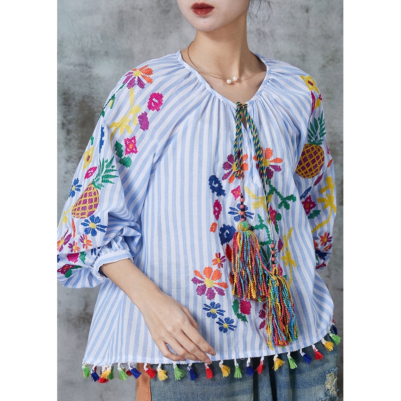 Art Light Blue Embroidered Striped Tasseled Cotton Shirt Top Spring
