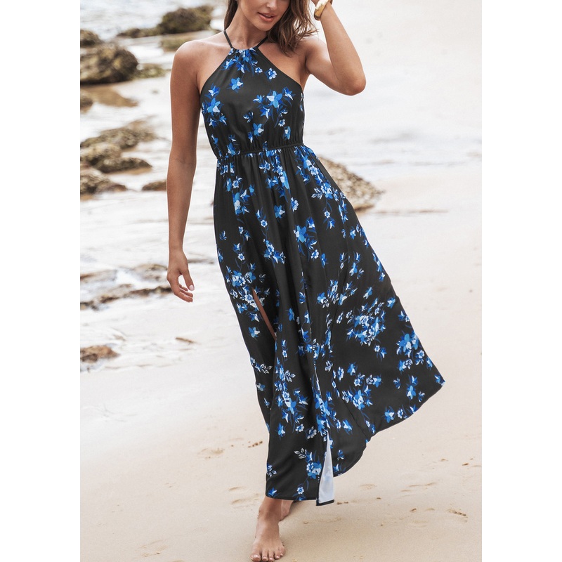 Black High Waist Cotton Long Dress Side Open Summer
