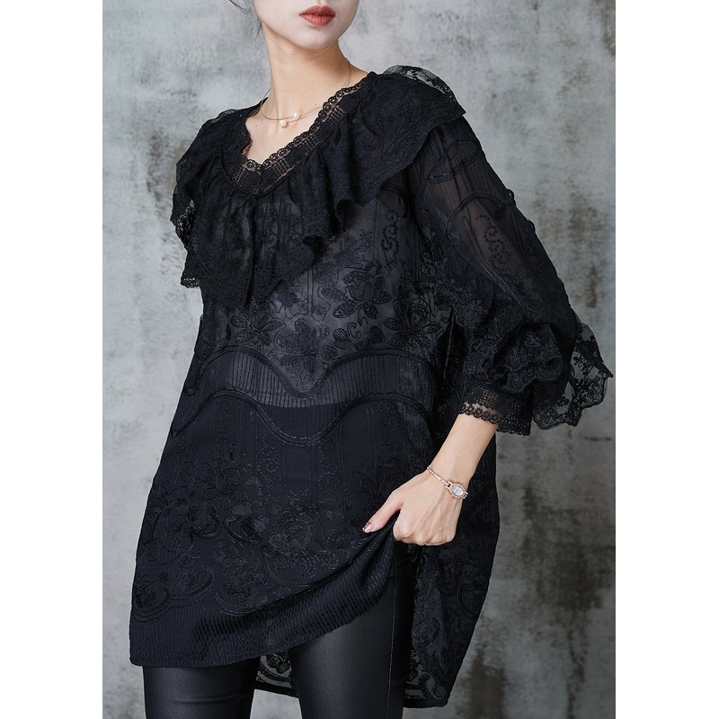 Black Lace Dress Embroidered Ruffles Spring