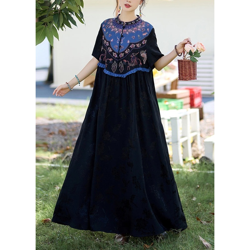 Black Patchwork Silk Long Dress Ruffled Jacquard Stand Collar Summer