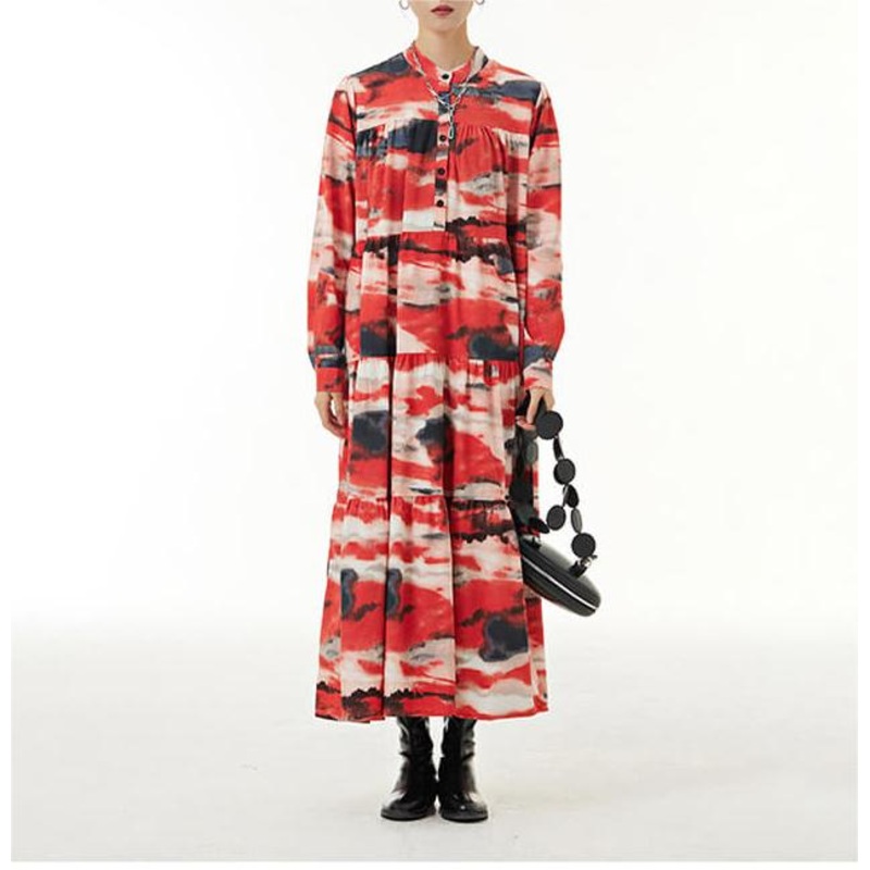 Casual Red Print Summer Dress Long Sleeve