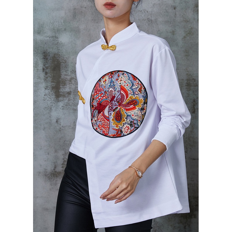 DIY White Asymmetrical Embroidered Cotton Blouses Spring