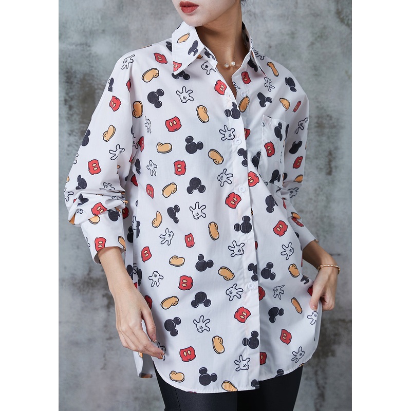 DIY White Oversized Print Cotton Blouse Top Spring